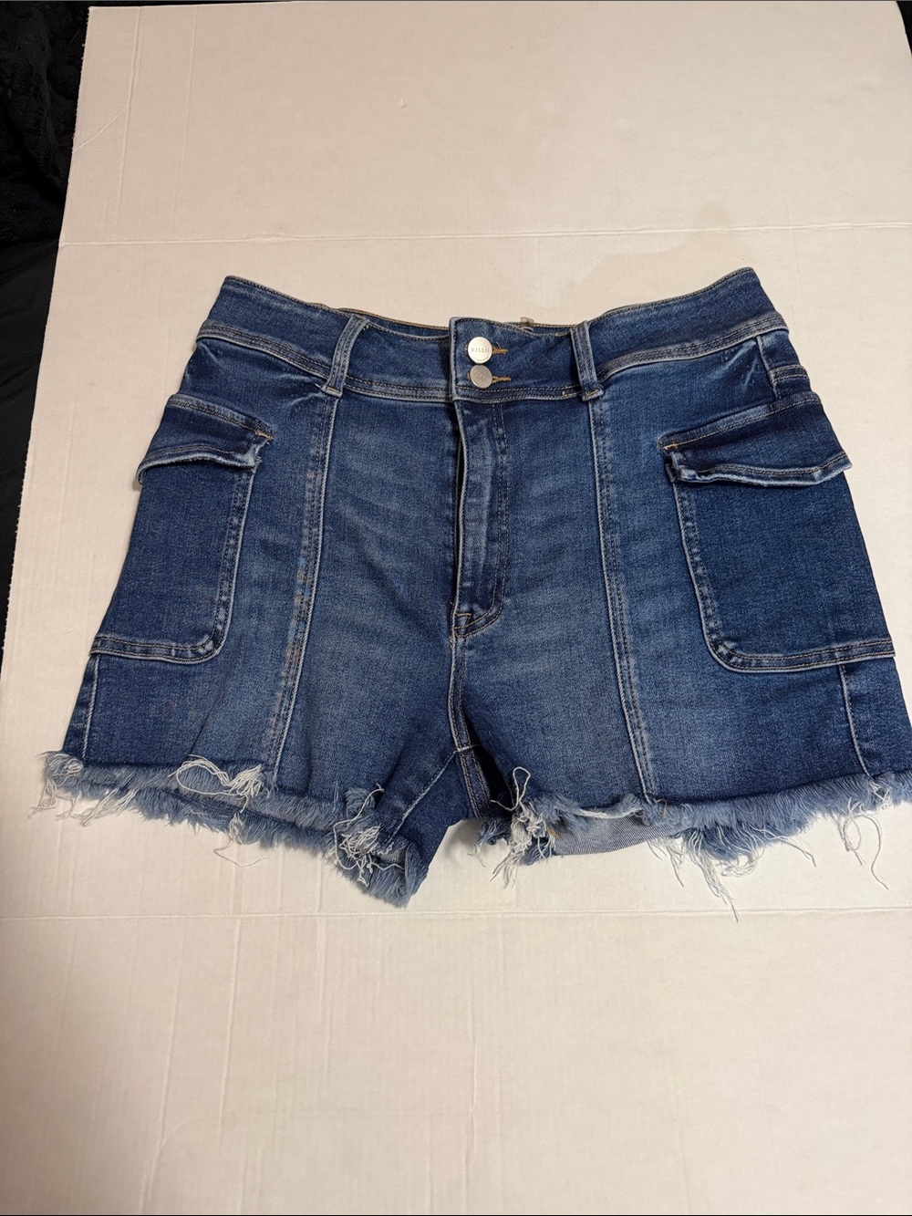 High-Rise Blue Denim Cargo Short with Frayed Hem